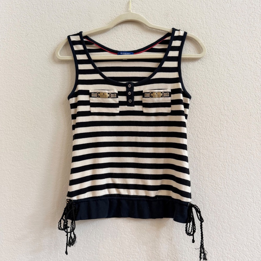 Burberry London Blue Label Navy Striped Henley Tank Top Size 38 FA565-462-09